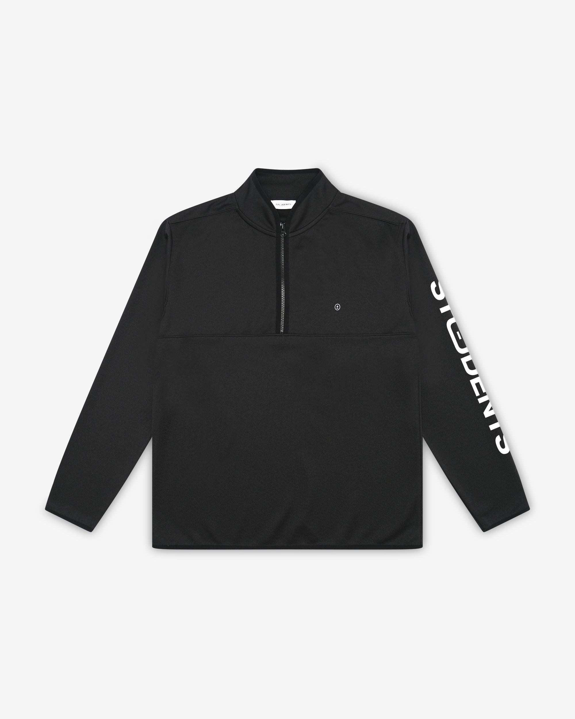Black pullover with a visible brand logo on a light gray background