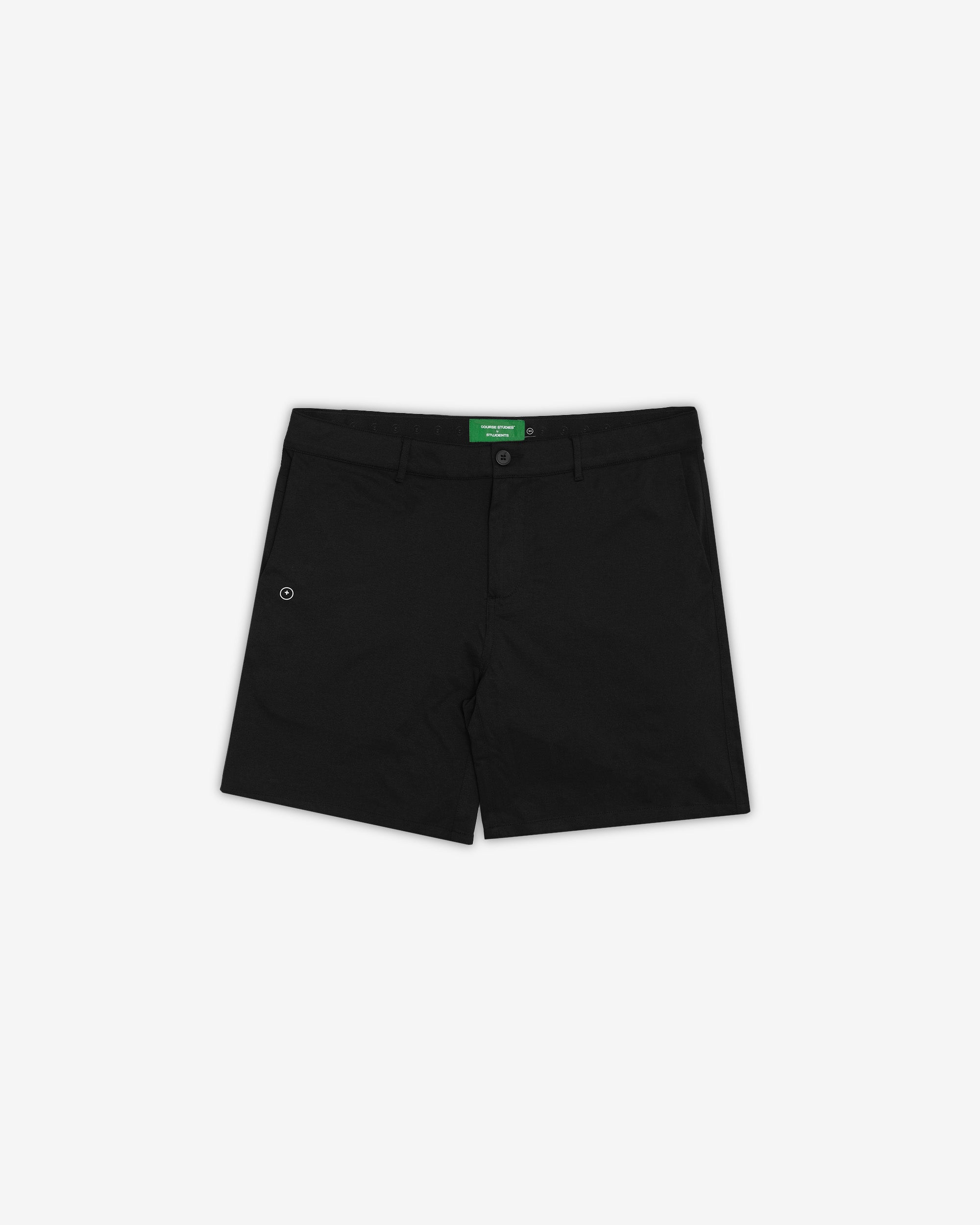 Black shorts with a brand logo on a white background