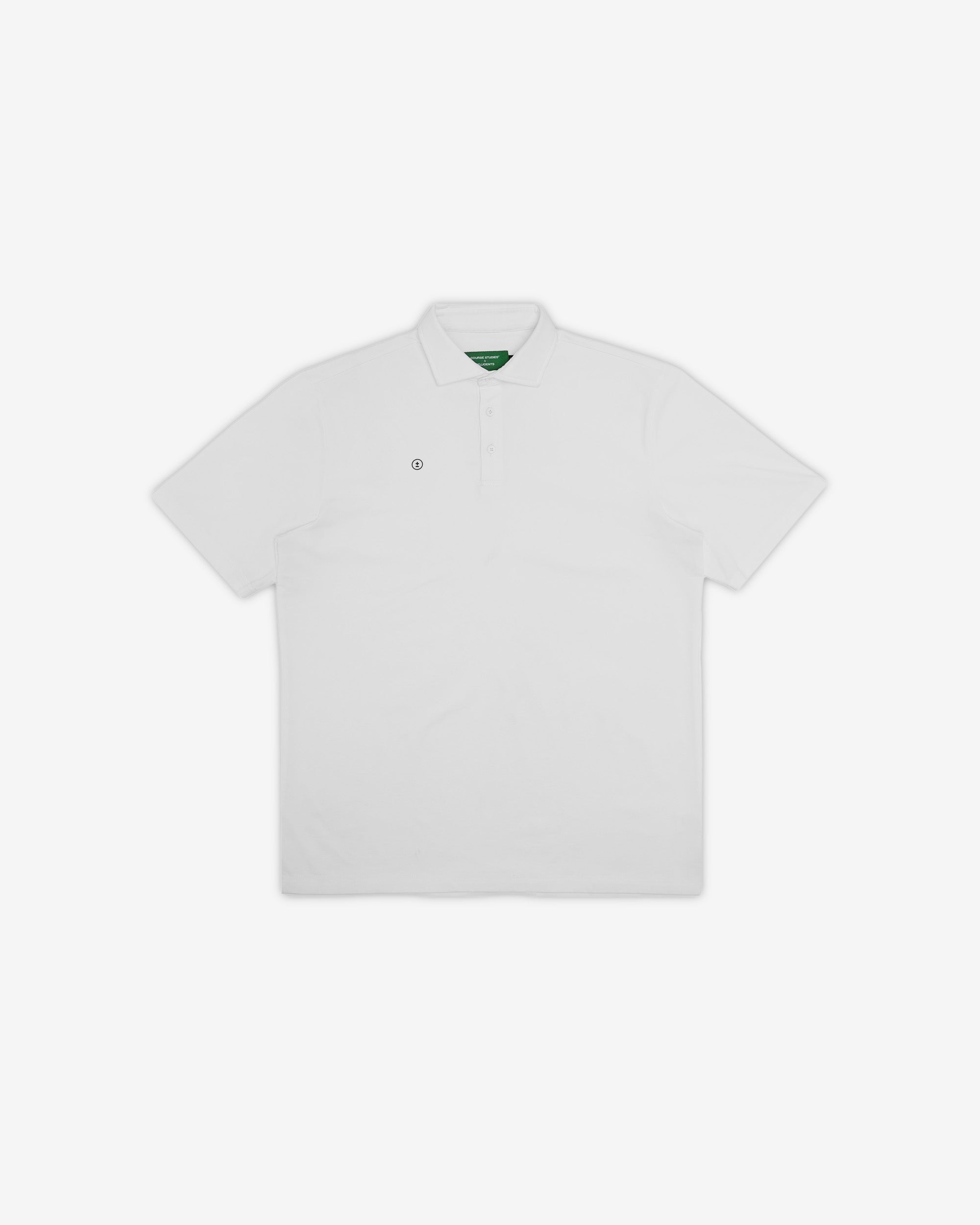 White polo shirt with a small logo on a white background