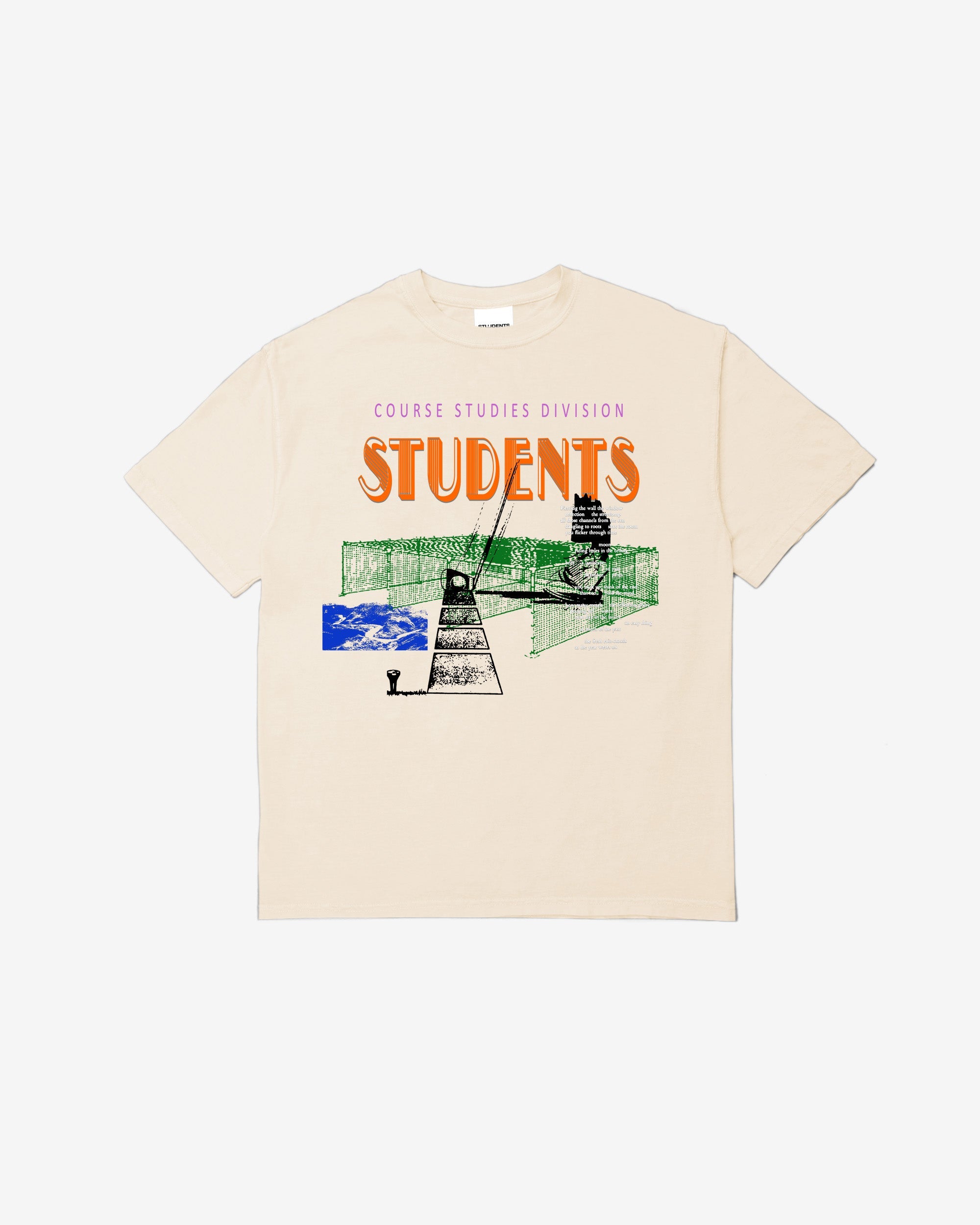 Beige t-shirt with graphic design and text on a white background