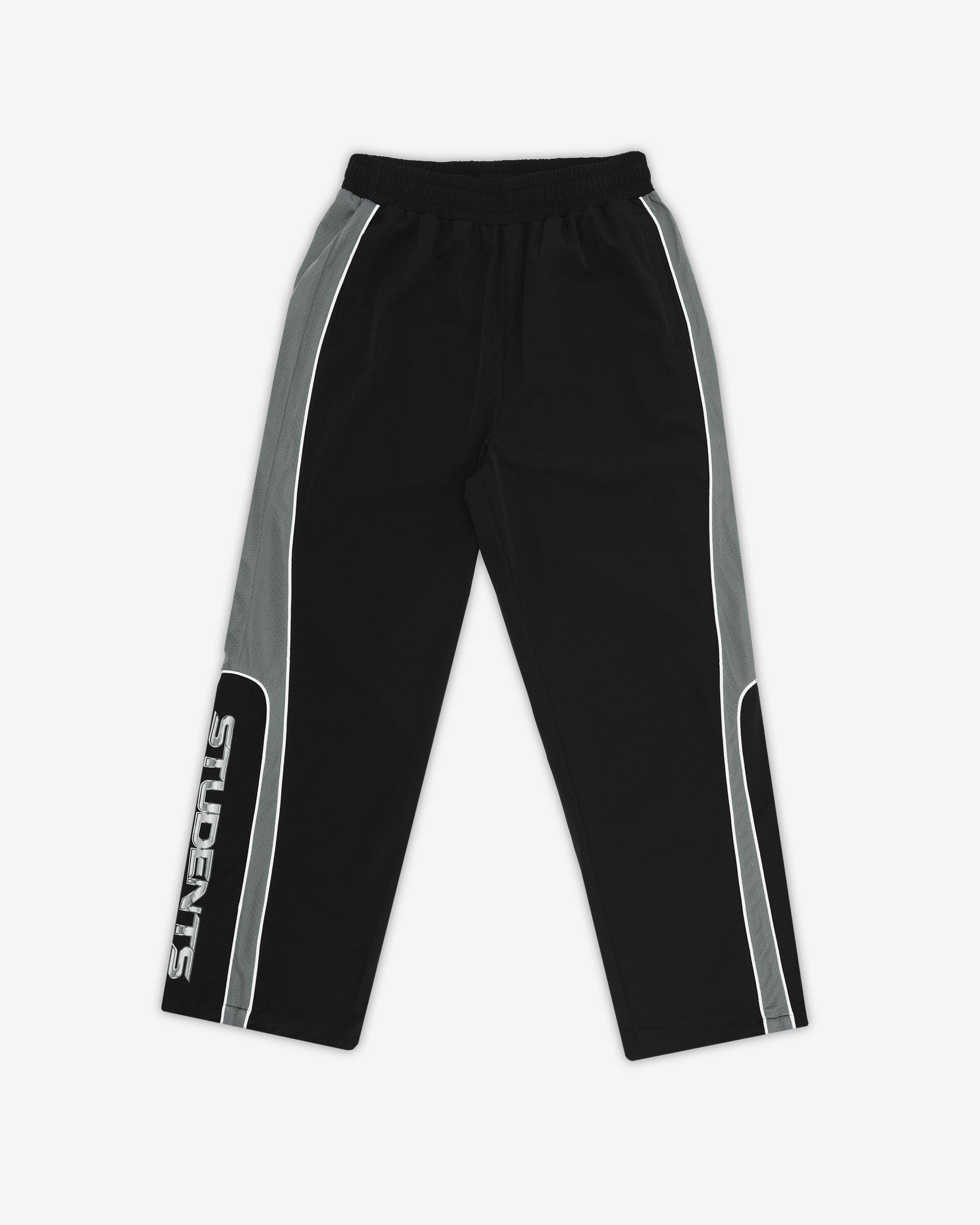 Black pants with gray stripes and 'STUDENTS' branding on a white background