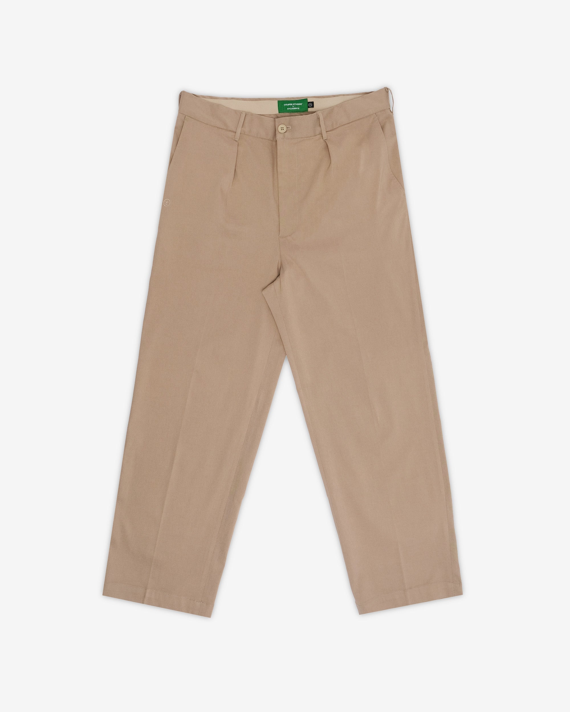 Beige pants with a brand label on a white background