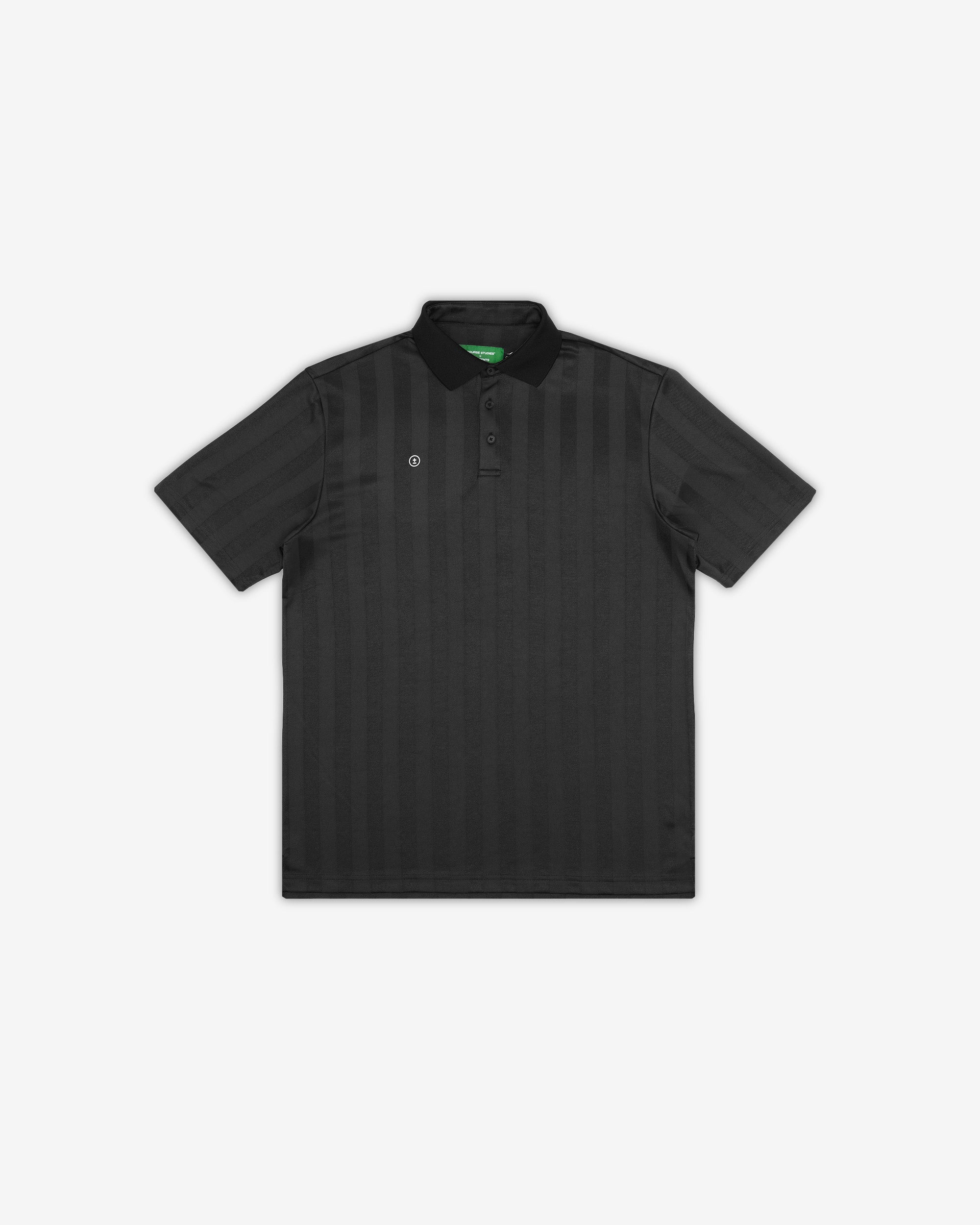 Black polo shirt with a brand logo on a white background