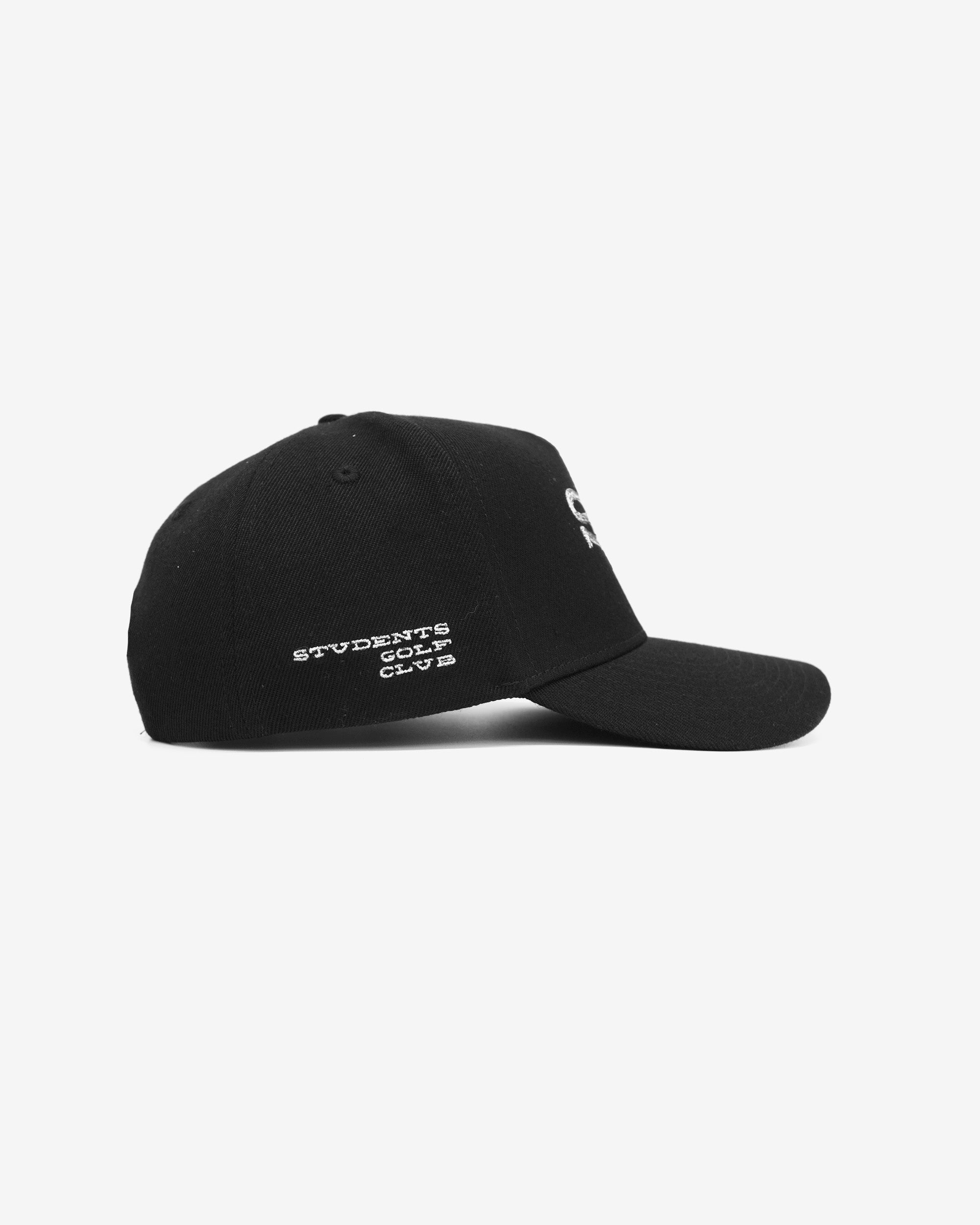 Black cap with white text on a light gray background
