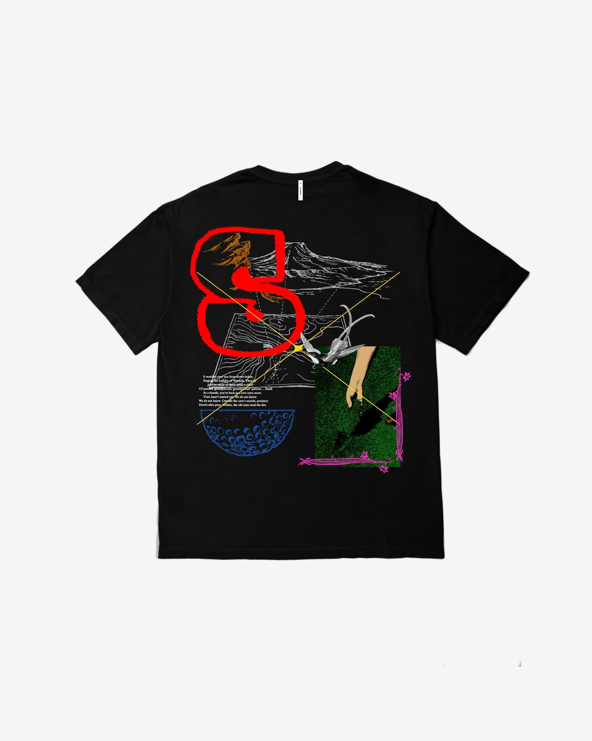 Black t-shirt with abstract design on a white background
