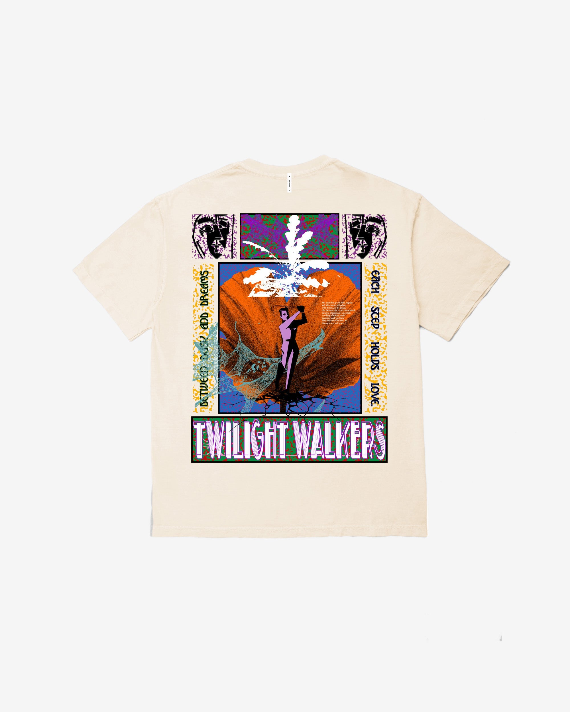 Beige t-shirt with colorful graphic design on a white background