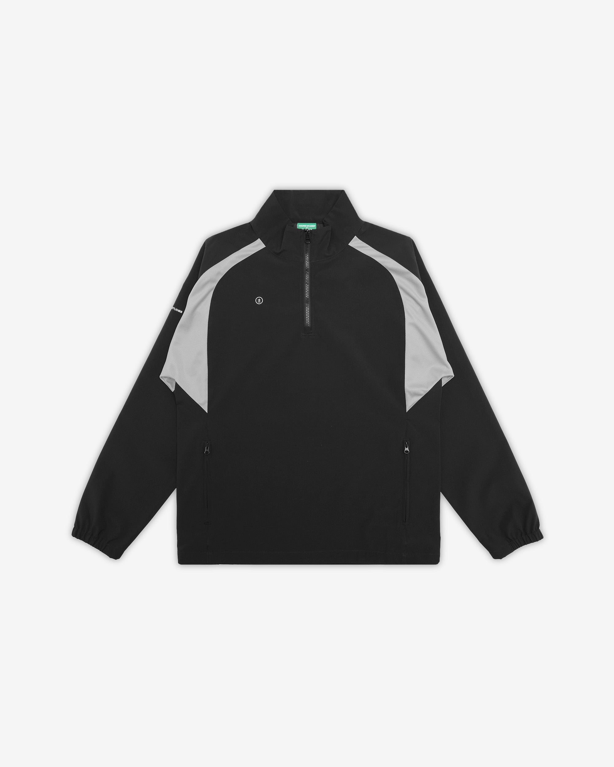Black and gray jacket with a brand logo on a white background
